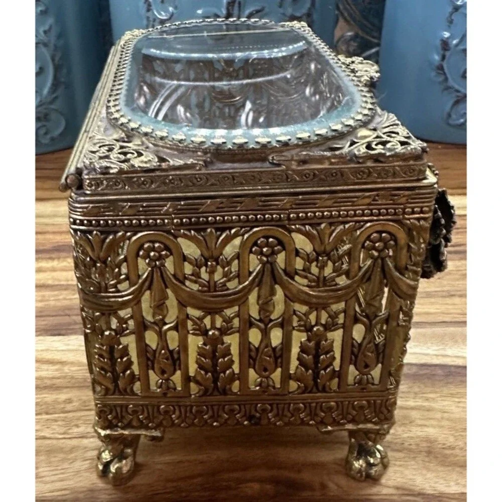 Vintage Gold Tone Ormolu Perfume Bottles & Jewelry Casket Set – Filigree - Picture 16 of 16
